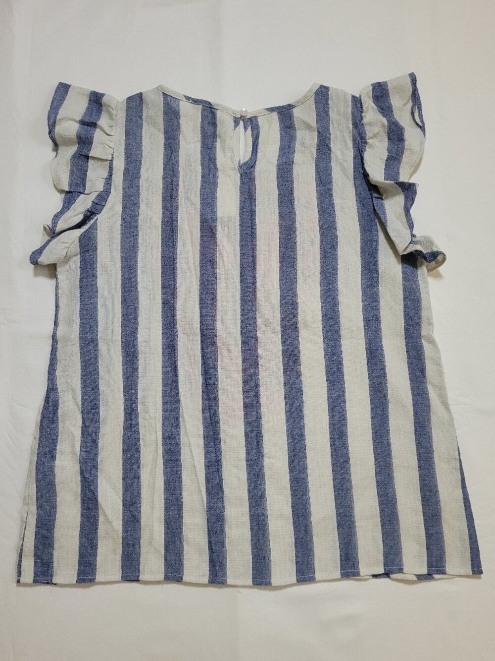 THML Floral Embroidered Ruffle Sleeve Boho Top Blue Striped Large NEW Coastal - Picture 8 of 9